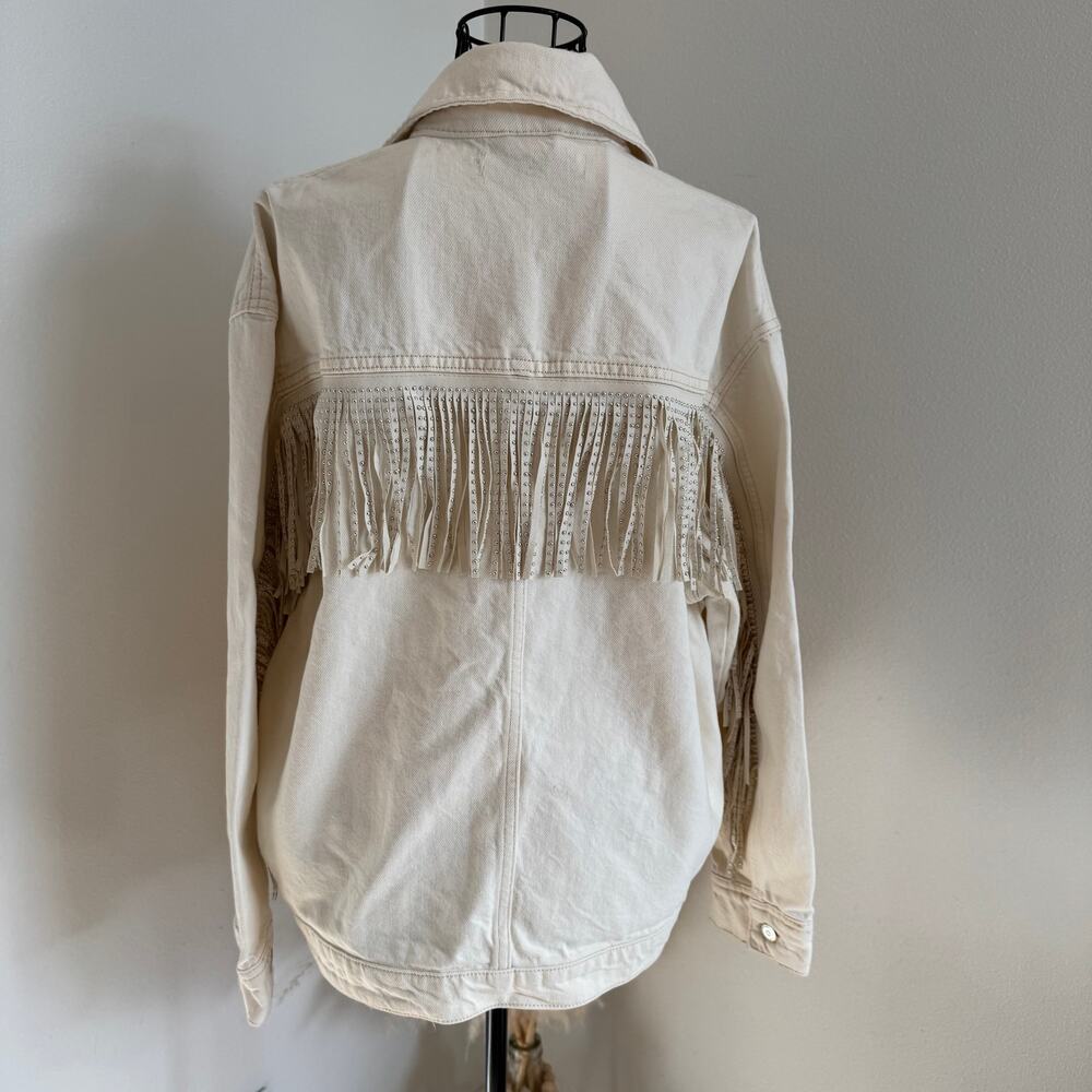 ZARA Cream White Western Fringe Studded Denim Jacket NWT Size Small - Picture 4 of 14